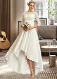 Nathaly A-Line Scoop Neck Asymmetrical Satin Lace Wedding Dress UKP0014072