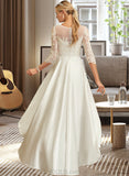 Nathaly A-Line Scoop Neck Asymmetrical Satin Lace Wedding Dress UKP0014072