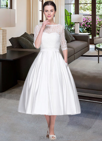 Patsy Ball-Gown/Princess Sweetheart Tea-Length Satin Wedding Dress With Pockets UKP0014074