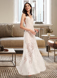 Amber Sheath/Column V-neck Floor-Length Wedding Dress With Split Front UKP0014077