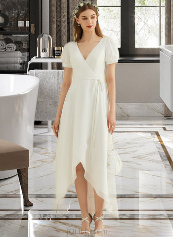 Kyra A-Line V-neck Asymmetrical Chiffon Wedding Dress UKP0014080