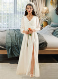 Pru A-Line V-neck Floor-Length Wedding Dress With Lace Split Front UKP0014081