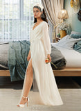 Pru A-Line V-neck Floor-Length Wedding Dress With Lace Split Front UKP0014081