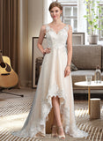 Lyric A-Line V-neck Asymmetrical Tulle Wedding Dress With Lace UKP0014098