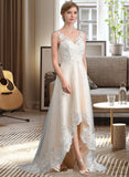 Lyric A-Line V-neck Asymmetrical Tulle Wedding Dress With Lace UKP0014098