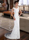 Abbie Sheath/Column Scoop Neck Court Train Lace Wedding Dress With Ruffle Beading UKP0014105