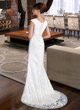 Abbie Sheath/Column Scoop Neck Court Train Lace Wedding Dress With Ruffle Beading UKP0014105