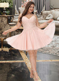 Jaden A-Line V-neck Short/Mini Tulle Prom Dresses With Beading Sequins UKP0014107