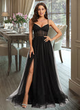 Chanel Ball-Gown/Princess V-Neck Sweep Train Tulle Prom Dresses With Pleated UKP0014108