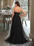 Chanel Ball-Gown/Princess V-Neck Sweep Train Tulle Prom Dresses With Pleated UKP0014108