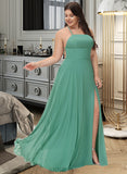 Janiya A-Line Square Neckline Floor-Length Chiffon Prom Dresses With Split Front Pockets UKP0014109