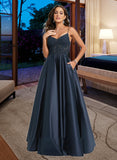 Viv A-Line V-neck Floor-Length Satin Prom Dresses With Lace Sequins UKP0014110