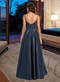 Viv A-Line V-neck Floor-Length Satin Prom Dresses With Lace Sequins UKP0014110