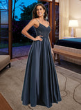 Viv A-Line V-neck Floor-Length Satin Prom Dresses With Lace Sequins UKP0014110