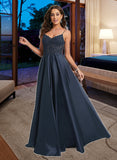 Viv A-Line V-neck Floor-Length Satin Prom Dresses With Lace Sequins UKP0014110