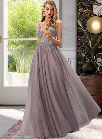 Bridget Ball-Gown/Princess V-neck Floor-Length Tulle Prom Dresses With Lace Beading Sequins Split Front UKP0014111