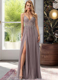 Bridget Ball-Gown/Princess V-neck Floor-Length Tulle Prom Dresses With Lace Beading Sequins Split Front UKP0014111