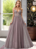 Bridget Ball-Gown/Princess V-neck Floor-Length Tulle Prom Dresses With Lace Beading Sequins Split Front UKP0014111