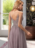 Bridget Ball-Gown/Princess V-neck Floor-Length Tulle Prom Dresses With Lace Beading Sequins Split Front UKP0014111