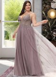 Bridget Ball-Gown/Princess V-neck Floor-Length Tulle Prom Dresses With Lace Beading Sequins Split Front UKP0014111