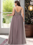 Bridget Ball-Gown/Princess V-neck Floor-Length Tulle Prom Dresses With Lace Beading Sequins Split Front UKP0014111