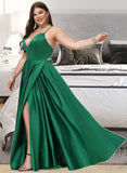 Logan A-line V-Neck Floor-Length Satin Prom Dresses UKP0014112