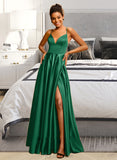 Logan A-line V-Neck Floor-Length Satin Prom Dresses UKP0014112