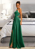 Logan A-line V-Neck Floor-Length Satin Prom Dresses UKP0014112