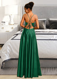 Logan A-line V-Neck Floor-Length Satin Prom Dresses UKP0014112