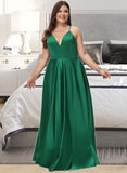 Logan A-line V-Neck Floor-Length Satin Prom Dresses UKP0014112