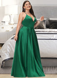 Logan A-line V-Neck Floor-Length Satin Prom Dresses UKP0014112