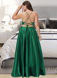 Logan A-line V-Neck Floor-Length Satin Prom Dresses UKP0014112