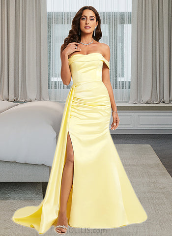 Madelynn Trumpet/Mermaid Off the Shoulder Sweep Train Satin Prom Dresses With Ruffle UKP0014113