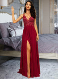 Naomi A-Line V-neck Floor-Length Chiffon Prom Dresses With Lace Sequins Split Front UKP0014115