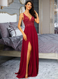 Naomi A-Line V-neck Floor-Length Chiffon Prom Dresses With Lace Sequins Split Front UKP0014115