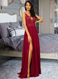 Naomi A-Line V-neck Floor-Length Chiffon Prom Dresses With Lace Sequins Split Front UKP0014115