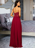 Naomi A-Line V-neck Floor-Length Chiffon Prom Dresses With Lace Sequins Split Front UKP0014115