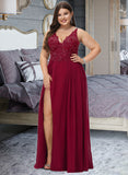 Naomi A-Line V-neck Floor-Length Chiffon Prom Dresses With Lace Sequins Split Front UKP0014115