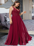 Naomi A-Line V-neck Floor-Length Chiffon Prom Dresses With Lace Sequins Split Front UKP0014115