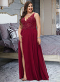 Naomi A-Line V-neck Floor-Length Chiffon Prom Dresses With Lace Sequins Split Front UKP0014115