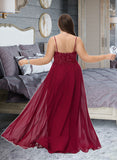 Naomi A-Line V-neck Floor-Length Chiffon Prom Dresses With Lace Sequins Split Front UKP0014115