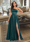 Shaylee A-Line One-Shoulder Floor-Length Satin Prom Dresses With Beading UKP0014116