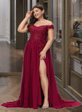 Kayleigh A-Line Off-the-Shoulder Sweep Train Chiffon Prom Dresses With Lace Sequins UKP0014117