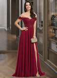 Kayleigh A-Line Off-the-Shoulder Sweep Train Chiffon Prom Dresses With Lace Sequins UKP0014117