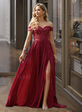 Kayleigh A-Line Off-the-Shoulder Sweep Train Chiffon Prom Dresses With Lace Sequins UKP0014117