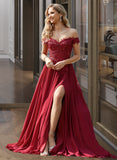 Kayleigh A-Line Off-the-Shoulder Sweep Train Chiffon Prom Dresses With Lace Sequins UKP0014117