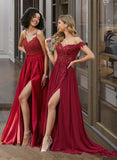 Kayleigh A-Line Off-the-Shoulder Sweep Train Chiffon Prom Dresses With Lace Sequins UKP0014117