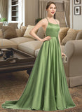 Ashley A-Line Scoop Neck Sweep Train Satin Prom Dresses With Split Front UKP0014118