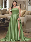 Ashley A-Line Scoop Neck Sweep Train Satin Prom Dresses With Split Front UKP0014118