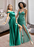 Ciara Ball-Gown/Princess Off-the-Shoulder Floor-Length Satin Prom Dresses With Split Front Pockets UKP0014122